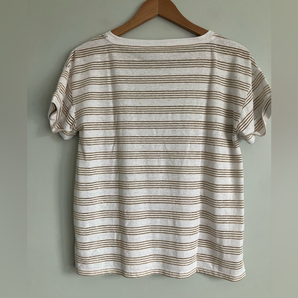 TALBOTS White & Metallic Gold Striped Cotton Blend Tee Size MP - Picture 6 of 9